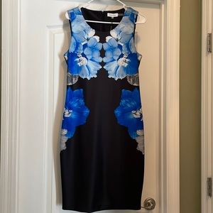 Calvin Klein Black w/ blue flowers sheath dress